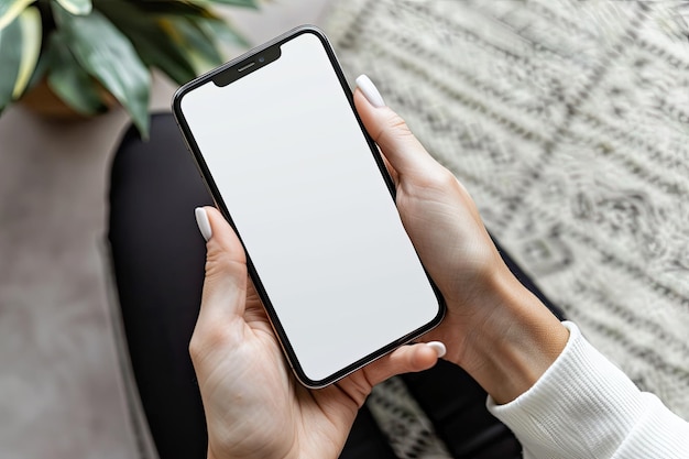 Photo closeup image a females hands holding a smartphone white screen mockup