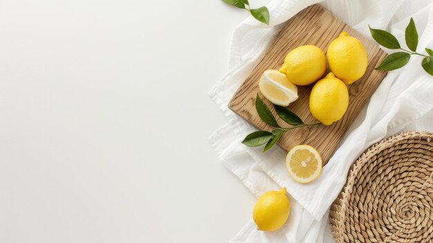 Photo a closeup image of fresh lemons arranged on a wooden serving board with green leaves and a golden spoon