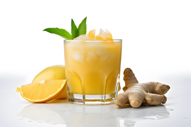 A closeup image of a glass of iced pineapple ginger juice Generative AI