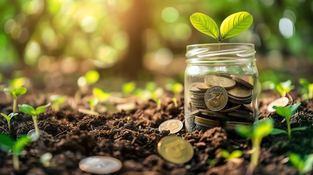 A closeup image of a glass jar filled with coins and a small plant growing out of it