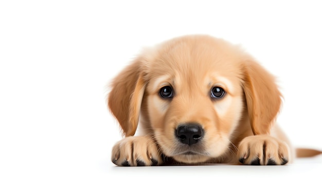 Photo closeup image of a golden retriever puppy on an isolated white background focusing on the fluffy texture of its fur ideal for pet advertisements