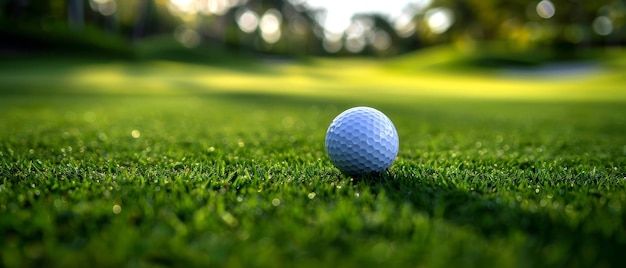 Closeup image of a golf ball on a lush green golf course during sunset showcasing the beauty of the sport and nature