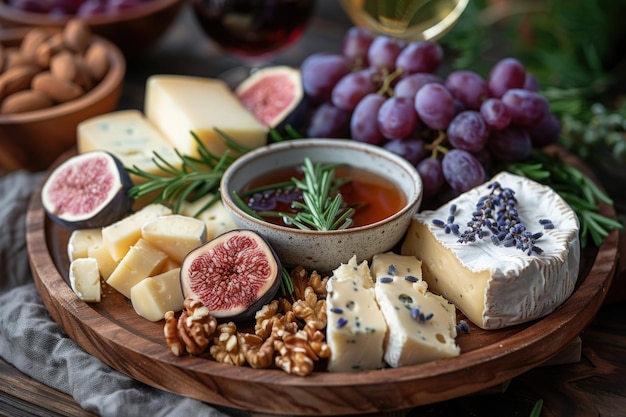 A closeup image of a gourmet cheese platter with various cheeses figs grapes honey and walnuts