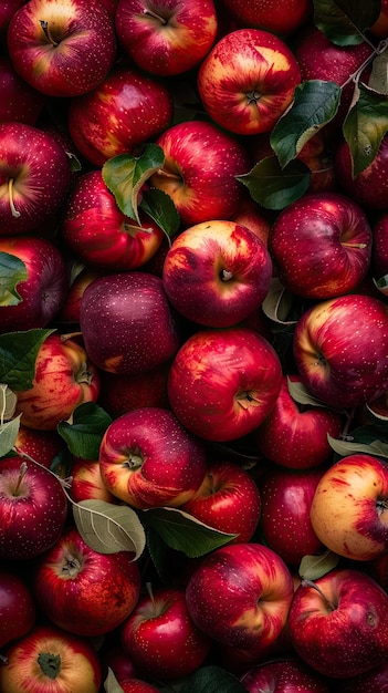 A closeup image of a group of red apples with green leaves arranged in a tight cluster