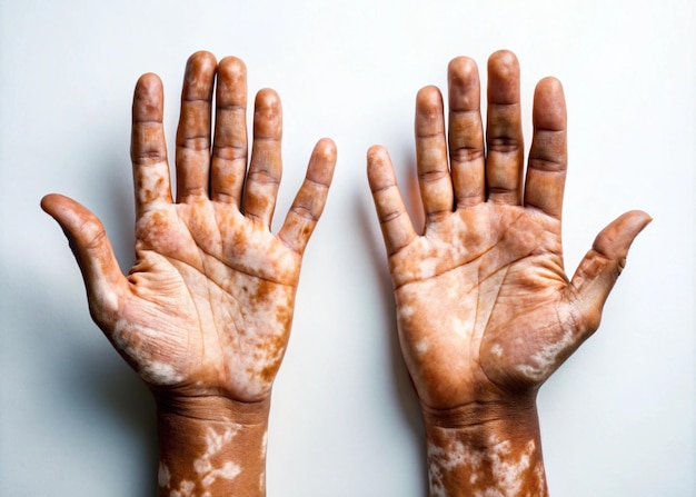 Photo closeup image of hands with vitiligo pigmentation on white background skin condition awareness