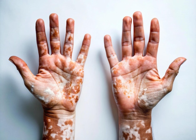 Photo closeup image of hands with vitiligo pigmentation on white background skin condition awareness