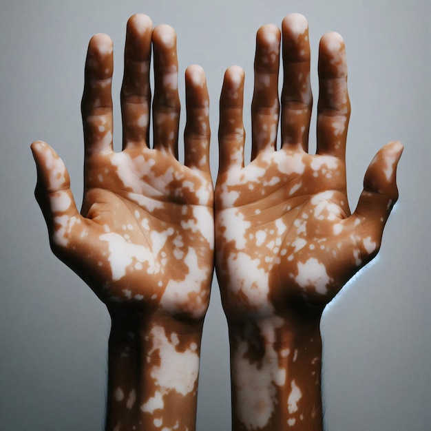 Photo closeup image of hands with vitiligo pigmentation on white background skin condition awareness