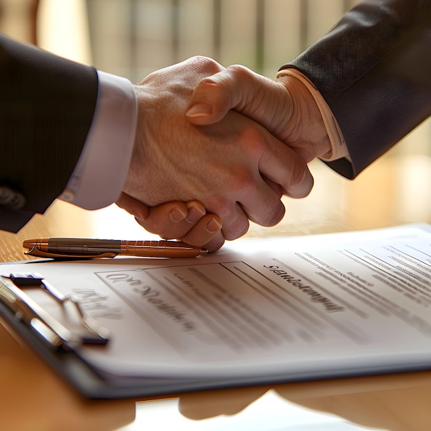 Photo closeup image of handshake over contract signifying business agreement and partnership