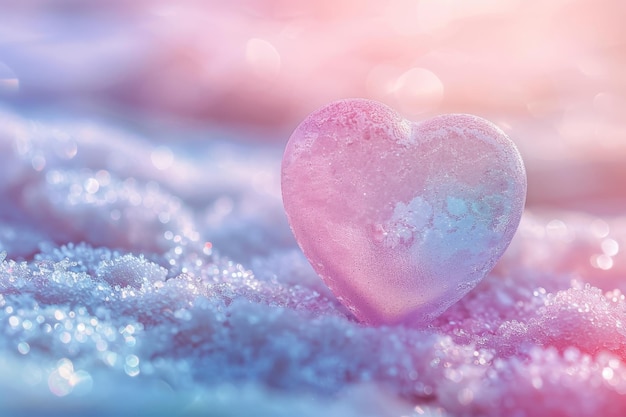 A closeup image of a heartshaped ice sculpture lying on a bed of glistening snow with soft pastel lighting A peaceful heartshaped background filled with pastel colors