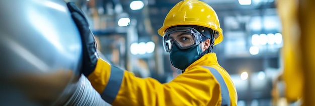 Photo a closeup image of an industrial worker wearing a yellow hard hat safety glasses and a face