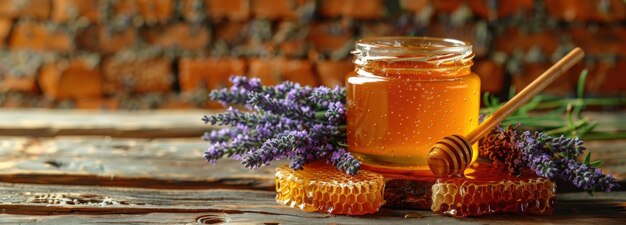 A closeup image of a jar of honey honeycomb and lavender flowers on a rustic wooden table