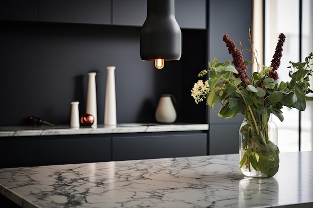 Closeup image of a kitchen marble bench adorned with a hanging pendant light and a black vase