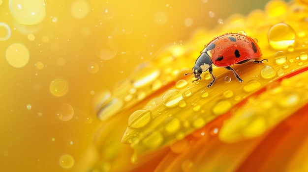 Closeup image of a ladybug on a yellow flower petal covered in water drops soft focus background