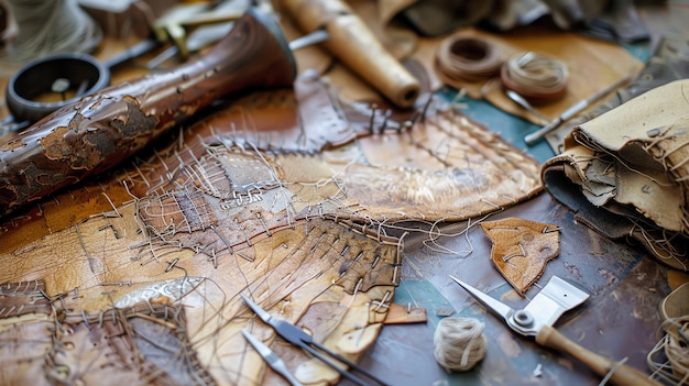 Photo a closeup image of a leatherworkers tools and materials the warm colors and