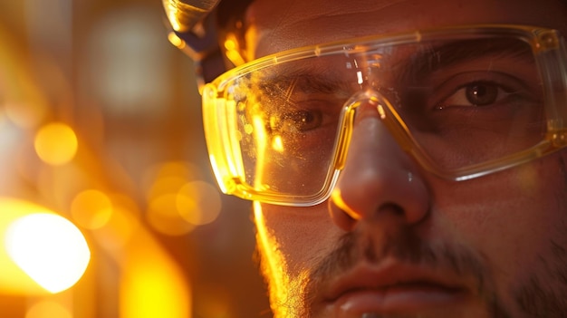 A closeup image of a machinists face framed by the safety goggles they wear for protection the