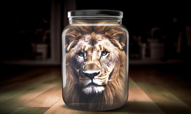 closeup image of a majestic lion confined inside a glass jar