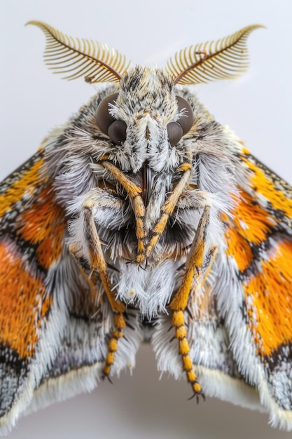 Closeup image of a moth39s body and wings on a white background useful for biology or entomologyrelated projects