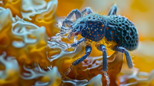 A closeup image of a parasitic mite on the surface of a beetles exoskeleton showcasing the intricate