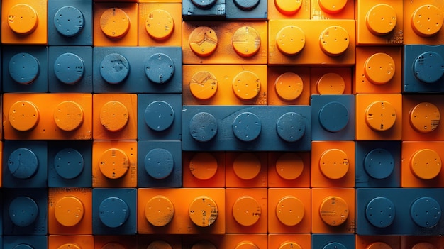 Photo a closeup image of a pattern of orange and blue plastic building blocks