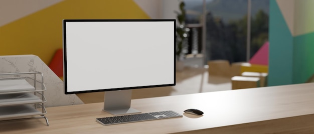 Closeup image of a PC computer mockup on reception desk company lobby register desk