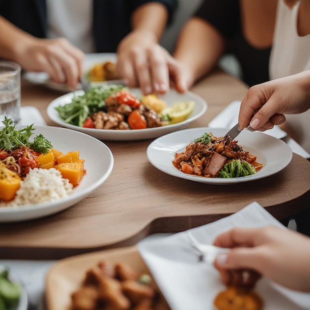 Photo closeup image of people cutting dishes while having lunch in a restaurant