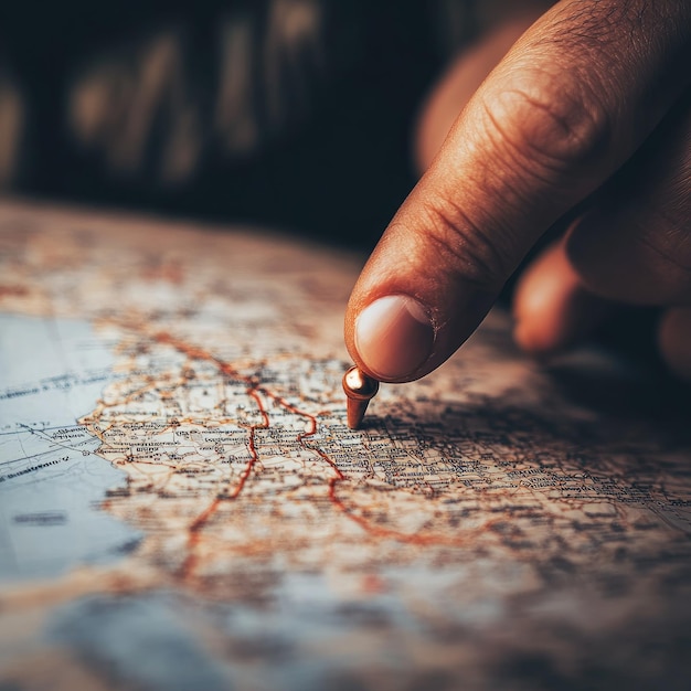 A closeup image of a persons hand placing a location marker pin on a digital map