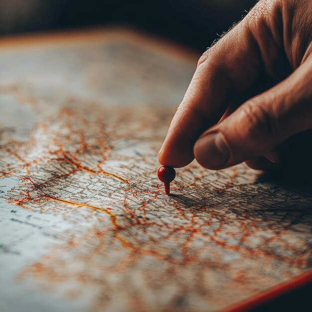 A closeup image of a persons hand placing a location marker pin on a digital map