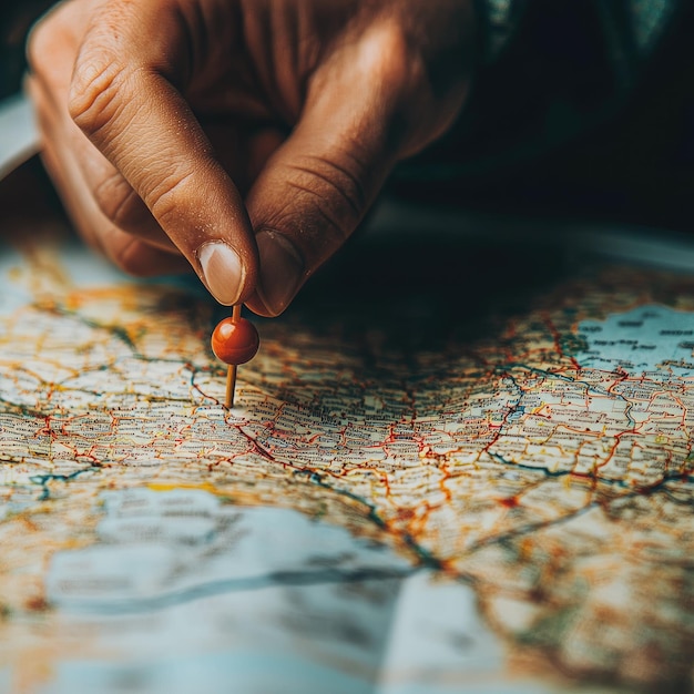 A closeup image of a persons hand placing a location marker pin on a digital map