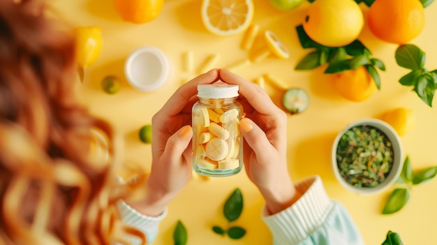 Photo a closeup image of a persons hands holding a bottle of vitamin supplements with a variety of citrus