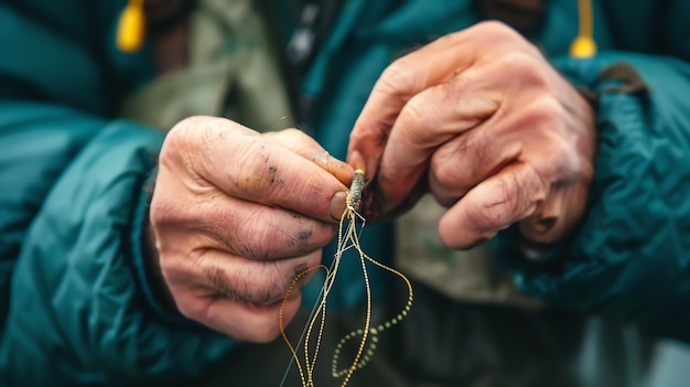 A closeup image of a persons hands tying a fishing fly The hands are holding the fly and the thread with great care precision and focus