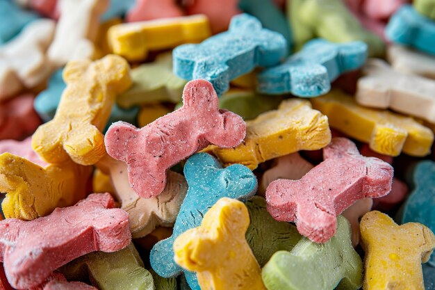 Photo closeup image of a pile of colorful dog treats in bone shapes dog treats in fun shapes and colors