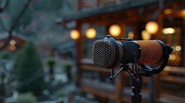 A closeup image of a professionalgrade microphone with a shock mount