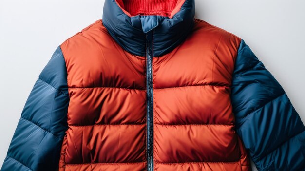 A closeup image of a puffer jacket with a red torso and blue sleeves