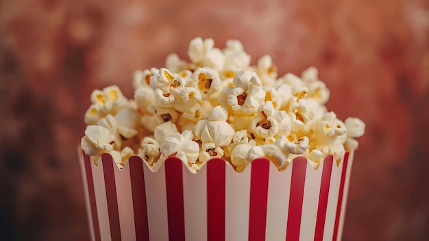 A closeup image of a red and white striped popcorn bucket filled with delicious buttery popcorn