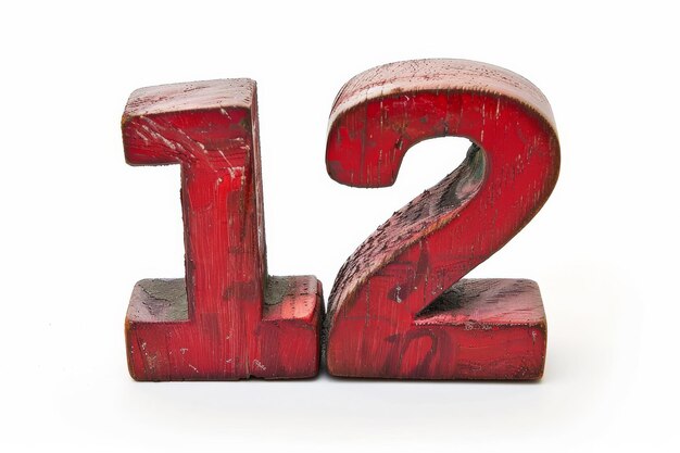 A closeup image of a red wooden number twelve isolated on a white background