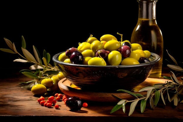 Closeup image revealing a lavish wooden table covered in a multitude of olives olive oil and various toppings