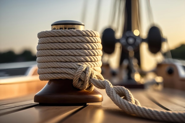 Closeup image of ropes lying on the wooden deck AI Generation