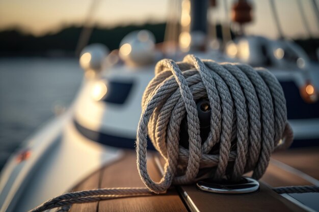 Closeup image of ropes lying on the wooden deck AI Generation