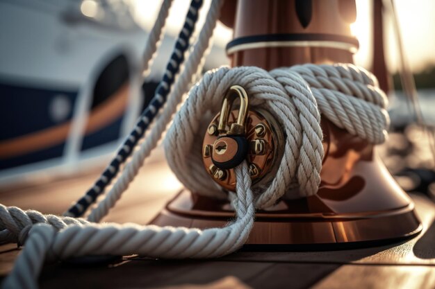 Closeup image of ropes lying on the wooden deck AI Generation