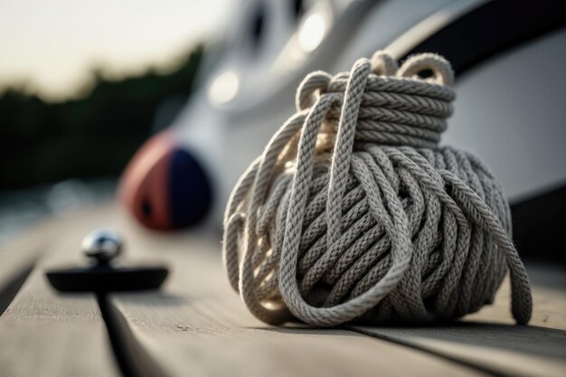 Closeup image of ropes lying on the wooden deck AI Generation