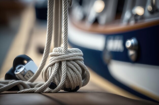 Photo closeup image of ropes lying on the wooden deck ai generation