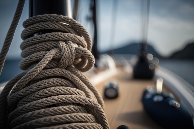 Closeup image of ropes lying on the wooden deck AI Generation