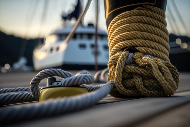 Photo closeup image of ropes lying on the wooden deck ai generation