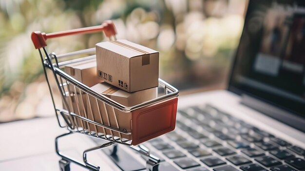 A closeup image of a shopping cart filled with brown cardboard boxes The cart is sitting on top of a laptop keyboard