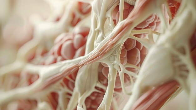 Photo closeup image showcasing intricate human muscle fibers and tissue structure in a biological context