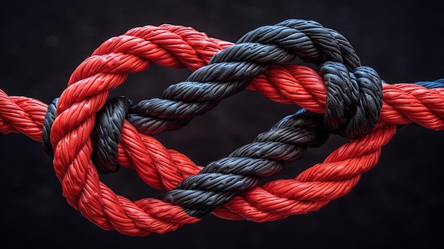 Closeup image showcasing two intertwined ropes one red and one black symbolizing a