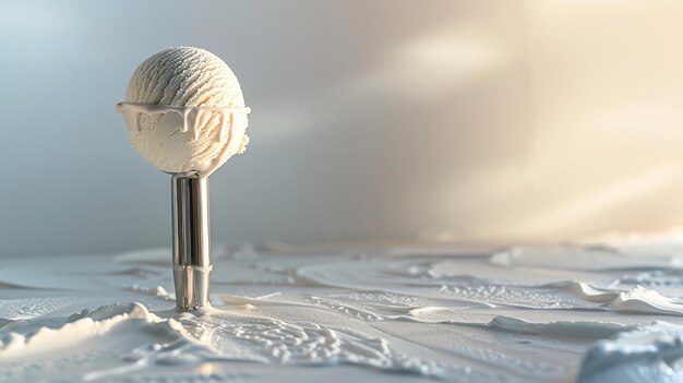 A closeup image of a single scoop of vanilla ice cream on a metal spoon