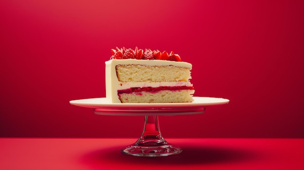 A closeup image of a slice of strawberry cake on a white plate The cake is decorated with strawberries and white icing