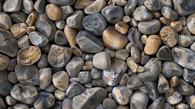 A closeup image of smooth rounded stones in shades of gray brown and black