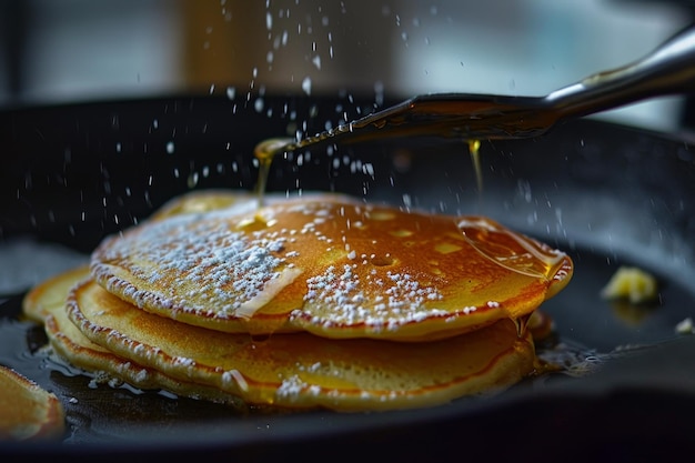 A closeup image of a stack of freshly cooked pancakes drizzled with syrup in a black skillet Spatula flipping pancakes